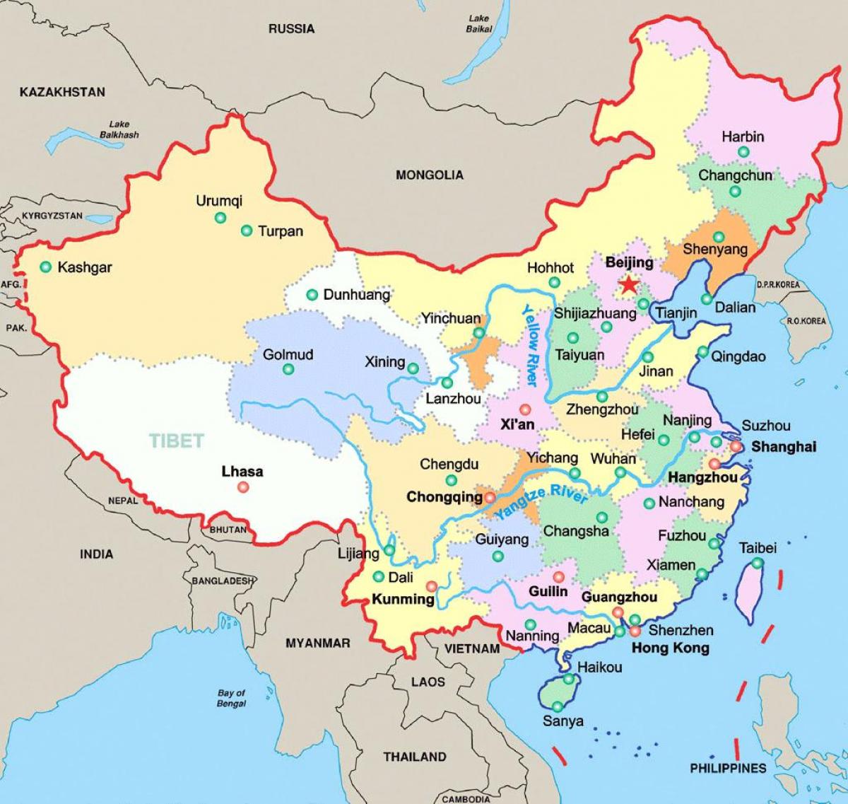 Карта Китая с основными городами